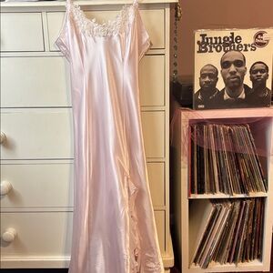 Vintage Y2K Princess Ruffle Blush Pink Maxi Slip Dress Lace Beaded Slit Romantic
